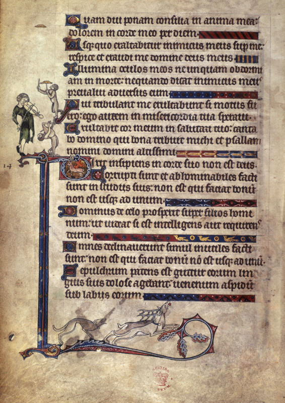 Musician and monkeys; dog chasing a stag, 1284-c1316. Part of Psalm 12, and Psalm 13, beginning with initial 'D'. Marginal drawings of a musician playing a fiddle, a grotesque with bagpipes, and at the foot, a stag hunted by a dog. The psalter was probably commissioned to celebrate the proposed marriage of Prince Alphonso, son of King Edward I, and Margaret, daughter of Florent V, Count of Holland, which did not take place due to the death of Alphonso in August 1284. From the Alphonso Psalter [formerly known as the Tenison Psalter].