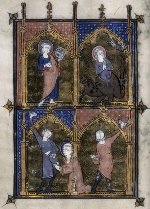 Four miniatures, c1295-c1310. At top right a female saint emerges from the body of a dragon as the hand of God makes a sign of blessing above her. Margaret the Virgin was supposedly swallowed by Satan in the shape of a dragon. She escaped alive when the cross she carried irritated the dragon's innards. Psalter and Horae.