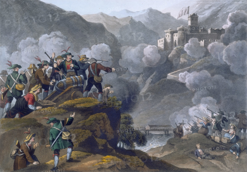 The Tyrolese Patriots, 1819. 'Men & women storming the fortress of Kuffstein [sic] with their Wooden Guns'. Scene from the Siege of the Kufstein Fortress in 1809, one of several anti-Napoleon events. From "Historic, Military, and Naval Anecdotes" by Edward Orme.