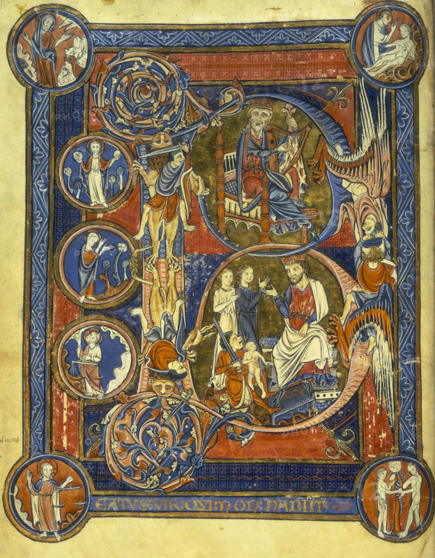 King David playing the harp, and the Judgement of Solomon, c1260. Psalm 1; Beatus initial. David with his harp, and Solomon judging which of the two women is fit to be the mother of the baby both claim is theirs, as a swordsman prepares to cut the child in half. Seven medallions show: Creation of the Firmament; Creation of the Earth and Waters; Creation of the Trees; Creation of the Sun and Moon; Creation of Animals; Creation of Adam; Temptation of Adam and Eve with the Serpent. Other scenes show angels fighting, and men in combat astride lions and dragons. From the Rutland Psalter.