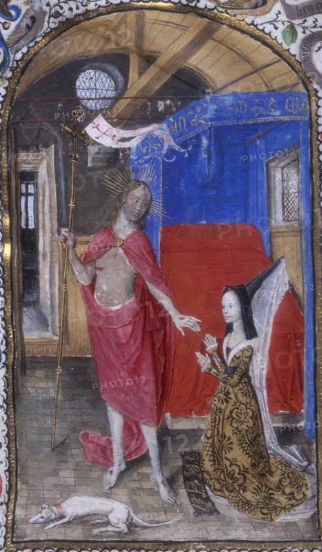 Margaret of York and the Resurrected Christ, c1468. Miniature of the Risen Christ appearing to the kneeling Duchess Margaret of York, sister of Edward IV, as she kneels in prayer within her bedchamber. From the presentation copy for the Duchess of "Dialogue de la duchesse de Bourgogne à Jésus Christ" ("Le dyalogue de la ducesse de bourgogne a Ihesu Crist") by Nicolas Finet. This book was one of two devotional works written specifically for Margaret soon after her marriage to Charles the Bold, Duke of Burgundy, by her almoner, or distributor of alms, Nicolas Finet. While the other book depicts her performing charitable deeds, this book focuses on her private devotions. The two books were intended to shape a Christian princess.