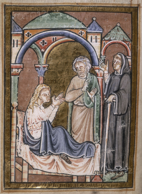St Cuthbert drives out a devil from the wife of Hildemer, a prefect of King Ecgfrid, 1200. Miniature of Cuthbert healing a woman who was beset by demons. From Bede's prose Life of St Cuthbert.