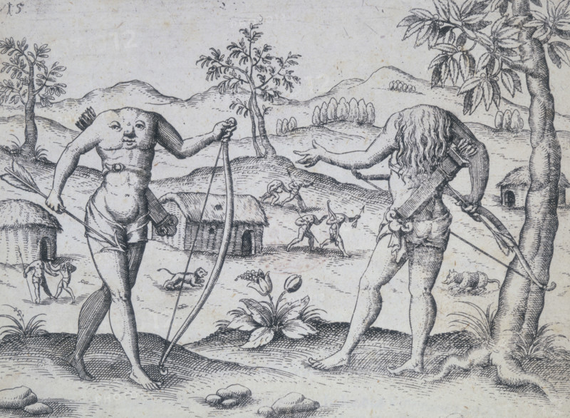 Ewaiponoma or Blemmyae, 1599. Headless human creatures with their faces on their chests and armed with bows and arrows, as described in the accounts of Raleigh's search for El Dorado. Medieval Europeans imagined the inhabitants of distant lands must be exotic and bizarre. From Collection of Voyages, Part V, Kurtze wunderbare Beschreibung des Goldreichen Konigreichs Guianae in America (Short, wonderful description of the gold-rich kingdom of Guinea in America).