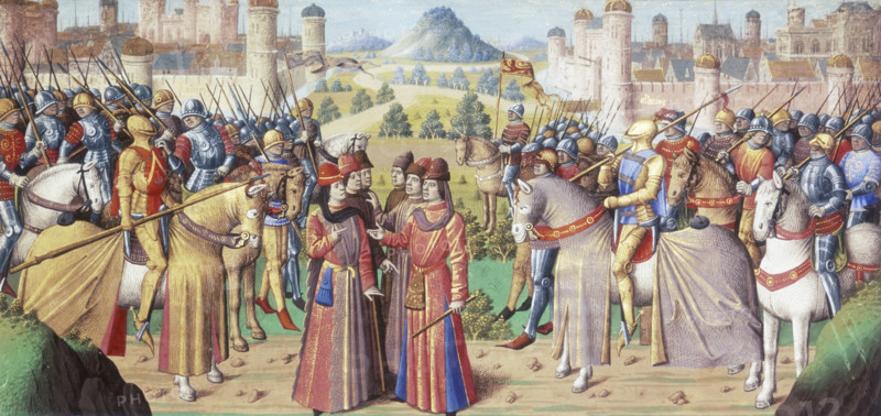 Armies meeting, 1475. Two armies face each other, while in the centre a discussion is taking place. On either side are walled cities.