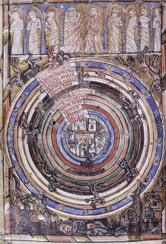 Table of the Spheres between Heaven and Hell, with the Fallen Angels becoming Devils, 1340-1350. The Earth in the centre, surrounded by concentric circles representing the elements, the planets, and in the outer circle, the stars. At the top, figures in an arcade, with God in the centre. At the foot, devils falling into Hell. From The Neville of Hornby Hours.
