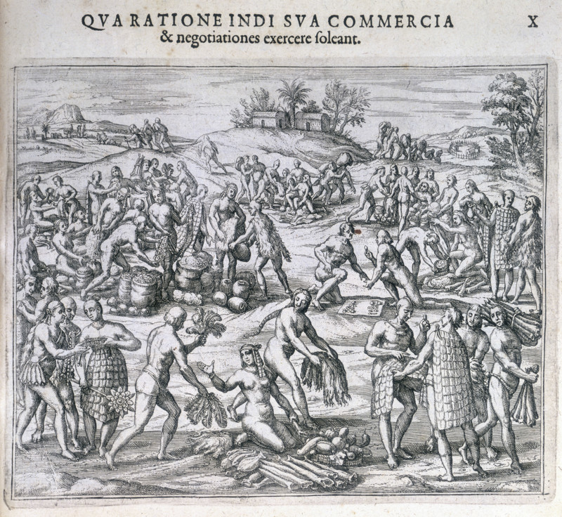 An Indian market near the port of Carthagena, America, 1595. 'Qua ratione indi sua commercia et negotiationes exercere soleant'. A European view of indigenous people. Native Americans, some naked, some wearing cloaks, trade goods at a market, probably at Cartagena in what is now Colombia. Plate X from the accounts of Girolamo Benzoni.