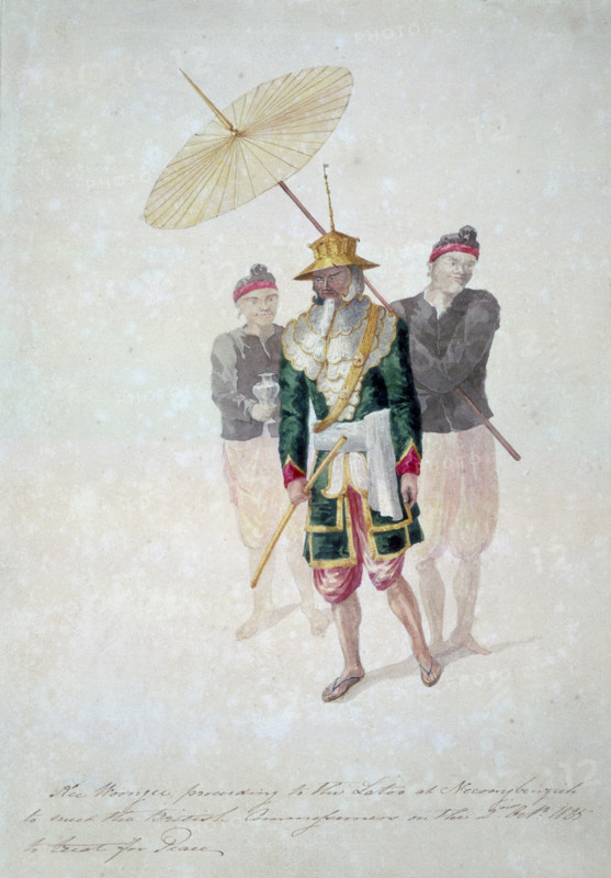 The Kinwun Mingyi, (Burmese prime minister), c1826. 'Kee [?] Moongee, proceeding to the Latoo [?] at Necoangbe... [illegible] to meet the British Commissioners [?] on the 2nd October 1825 to treat for Peace'. The Kinwun Mingyi, or Prime Minister, accompanied by servants, proceeding to the Hlutaw, the King's Supreme Court at Nyaungbinzeik, near Prome, Burma. The First Anglo-Burmese War took place 1824-1826.