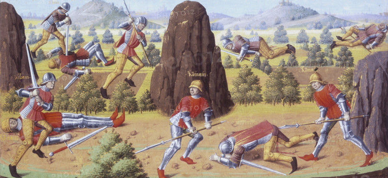 Soldiers fighting on a battlefield, 1475. Armies meeting, scene from Roman history. Detail of a miniature, possibly from Les Fais et les Dis des Romains et de autres gens.