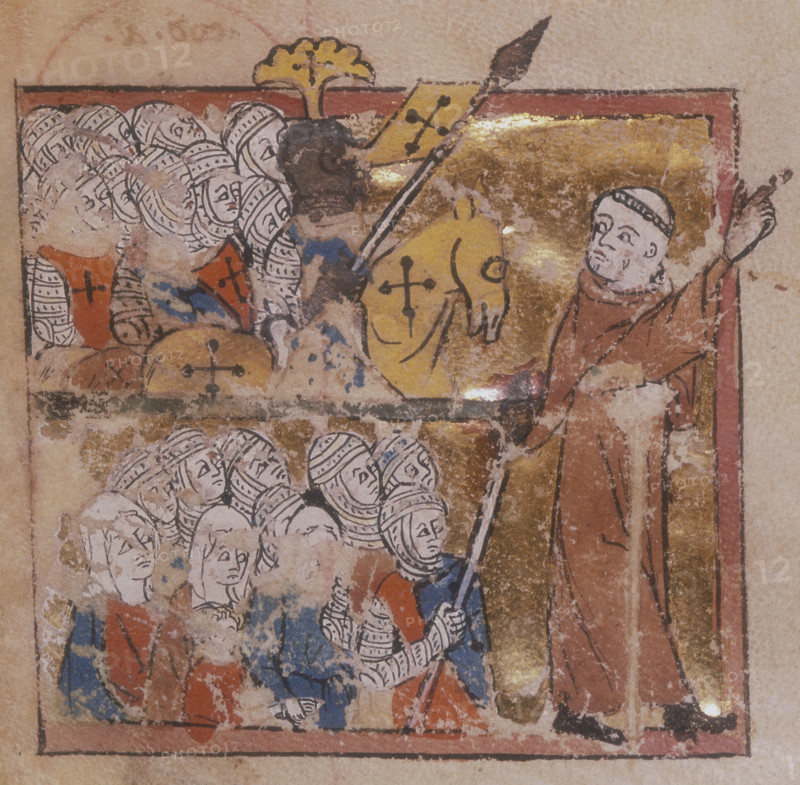 Peter the Hermit leading the Crusades, 1311. Peter was a preacher during the  First Crusade. From "Abreviamen de las Estorias"; a summary of Universal History, from the creation of the world to the death of the Emperor Henry VII.