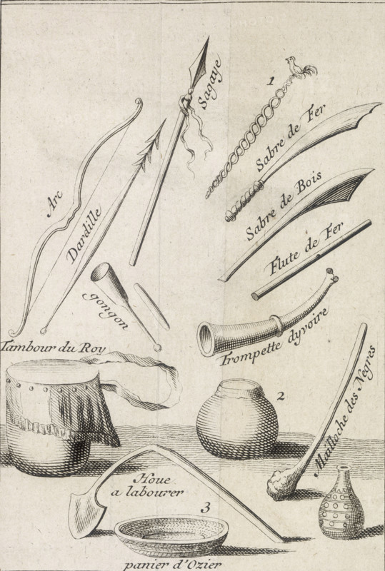 Habillement des Femmes du Roy, 1731. Clothing of the King's Women. Arc, Dardille, Sagaye, 1, Sabre de Fer, Sabre de Bois, Flute de Fer, gongon, Trompette dyvoire, Tambour du Roy, 2, Mailloche des Negres, Houe a labourer, 3, panier d'Ozier. (Bow, Dart, Spear, 1, Iron Sabre, Wooden Sabre, Iron Flute, gongon, Ivory Trumpet, King's Drum, 2, Mallet of the N*groes, Ploughing Hoe, 3, Wicker Basket). From "Voyage du chevalier Des Marchais en Guinea" by Reynaud Des Marchais. Des Marchais, the French navigator, went on his first voyage to Guinea in 1704. During the next twenty years, on recurrent visits, he made a close study of the customs and practices of the various kingdoms.