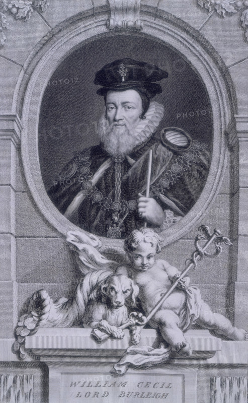 William Cecil, Ist Baron Burghley or Burchleigh, 1743. Portrait of English statesman William Cecil Burghley (1520-1598), within an oval frame. Below are a cornucopia full of coins, a dog with a key, and a child holding a caduceus.