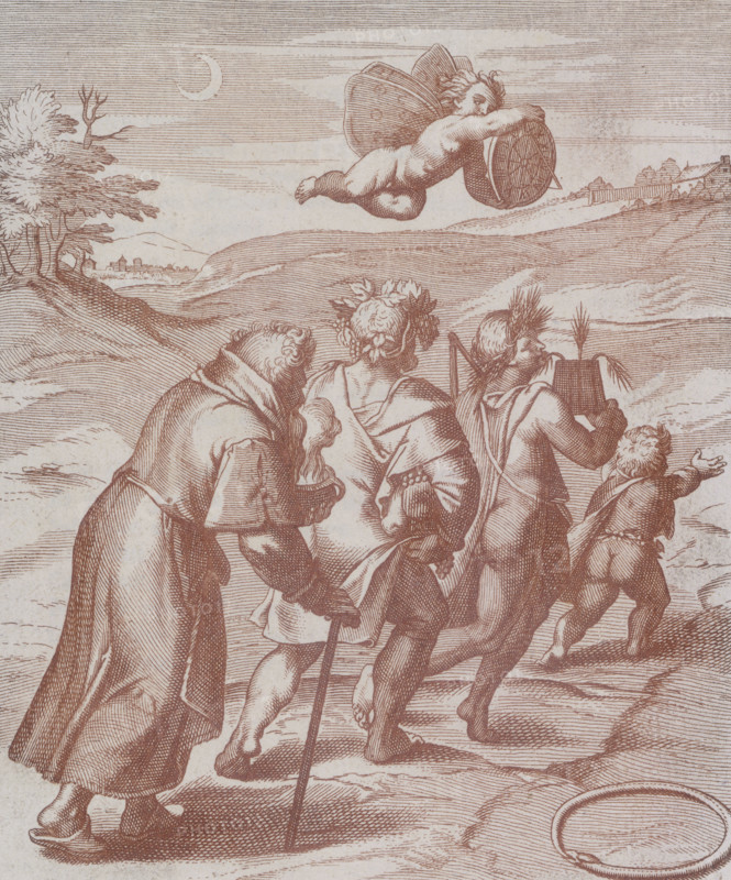 Four figures in a landscape being guided by a cherub in the sky, 1777. A small boy, pointing the way, leads three men towards a building in the distance. All three men are carrying an item. The man at the back carries a bowl with smoke rising from the contents, the man in the middle wears a garland of vine leaves and grapes, and the man in the front wears ears of wheat in his hair. The butterfly-winged cherub in the sky guides them by carrying a compass or dial. In the bottom right corner is an ouroboros, a snake forming a perfect circle by swallowing its own tail. The original artist, Otto Van Veen, was Rubens' last master between 1594-1598. From "Quinti Horatii Flacci emblemata imaginibus in æs incis, notisque illustrata", an illustrated version of the works of Horace, first published in 1607.