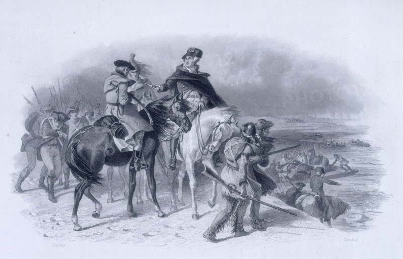 President George Washington crossing the Delaware, December 1776, (c1856-c1859). Washington, on the white horse, on the bank of the Delaware River. His troops can be seen behind him setting off in boats loaded with horses and cannons. In the foreground are Native American scouts. On 25th December 1776, President George Washington crossed the ice-clogged Delaware River accompanied by a small army of 2500. His mission was to launch a surprise attack on the British who were occupying the town of Trenton across the river. The Battle of Trenton was a crucial event in the American defeat over the British in the American Revolution.