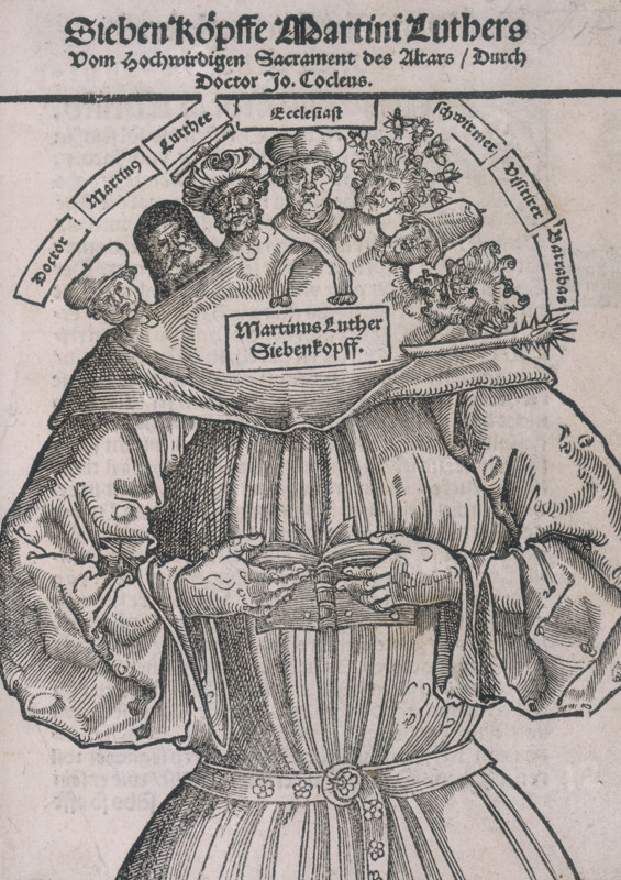 A seven-headed Martin Luther, 1698. Luther was the German leader of the Protestant Reformation. Johannes Cochlaeus, one of his first Roman Catholic biographers, was also a great adversary. Luther is portrayed as a seven-headed dragon. Cochlaeus divides up Luther's life into seven distinct periods, each represented by one of the heads on the monster. Each head held a contradictory opinion to the other: "Thus all brothers emerge from the womb of one and the same cowl by a birth so monstrous, that none is like the other in either behaviour, shape, face or character. The elder brothers, Doctor and Martinus, come closest to the opinion of the Church, and they are to be believed above all the others, if anything anywhere in Luther's books can be believed with any certainty at all. Lutherus, however, according to his surname, plays a wicked game just like Ismael. Ecclesiastes tells the people who are always keen on novelties, pleasant things. Svermerns rages furiously and errs in the manner o...