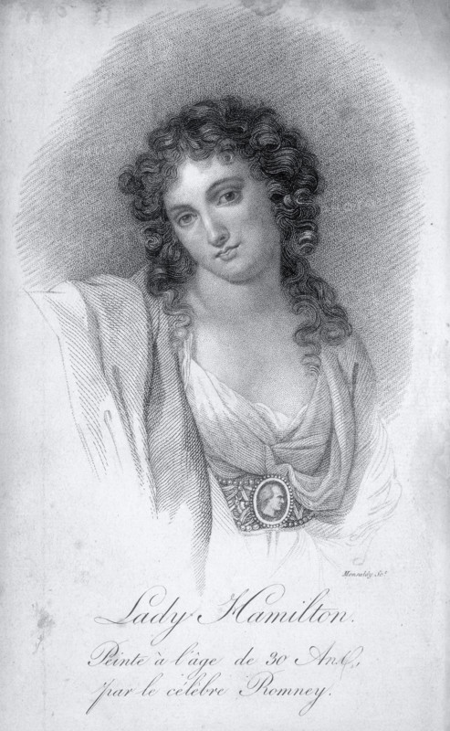 Lady Emma Hamilton at the age of 30, 1816. Peinte à l'âge de 30 Ans, per le célèbre Romney. (Painted at the age of 30, by the famous Romney). She was the mistress of Sir William Hamilton, British ambassador to Naples, whom she married in 1791. In 1798 she became the mistress of Horatio Nelson. From Memoires de le Lady Hamilton.