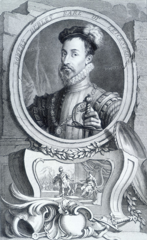 Robert Dudley, Earl of Leicester, c1743-c1751.An English courtier and favourite of Queen Elizabeth I, Dudley (1532-1588) was regarded as her most likely choice for a husband. However his wife's mysterious death in 1560 placed a dark spot on his reputation. In 1561 he suggested to Philip II to restore Roman Catholicism in England in return for Philip's endorsement of his to Elizabeth. Yet by 1563  Elizabeth realised the impracticality of such a marriage. She offered his hand to Mary Queen of Scots and created him Earl of Leicester in 1564, however Mary married Lord Darnley. Below his portrait is a cartouche of a queen receiving a soldier. From "The Heads and Characters of Illustrious Persons of Great Britain, with their Portraits engraven by Mr. Houbraken and Mr. Vertue. With their lives and characters by T. Birch. L.P."