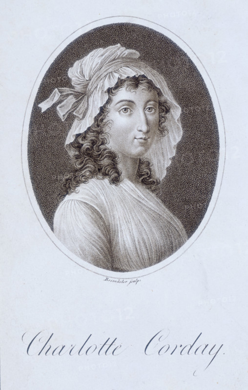 Charlotte Corday, 1804. Corday (1768- 1793) was a supporter of the monarchy when the French Revolution began in 1789, and hated Marat and Robespierre who were very much against the monarchy. She devised a plan to gain access to Marat, and on the 13th July 1793, stabbed him through the heart while he was in his bath. She was immediately apprehended, and executed on 17th July 1793.