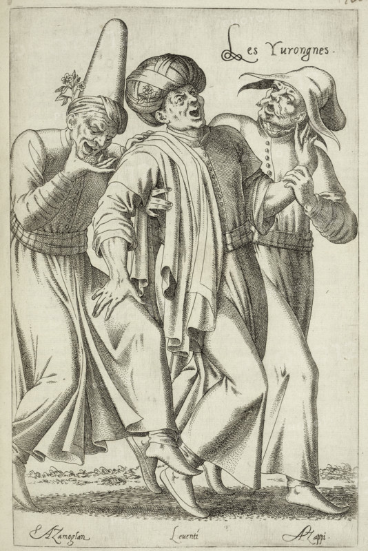 Les Yvrongnes (The Drunkards), 1568. Three men joking and singing, leaning on each other. The two men on the left wear flowers in their hats. The man in the pointed hat looks as if he is being sick. Below each man is a name: 'Azomoglan (Turkish?), Leuentí (Levantine?), Azappi'. Ivrognes in French means 'drunkards' or 'alcoholics'. From "Les quatre premiers livres des navigations et peregrinations orientales , de N. de Nicolay, Dauphinoys, seigneur d'Arfeuille, varlet de chambre, & geographe ordinaire du Roy. Avec les figures au naturel tant d'hommes que de femmes selon la diversité des nations, & de leur port, maintien & habitz" (The first four books of oriental navigations and peregrinations, by N. de Nicolay, Dauphinoys, lord of Arfeuille, chamberlain, and ordinary geographer to the King. With natural figures of both men and women according to the diversity of nations, and their bearing, deportment, and habit).