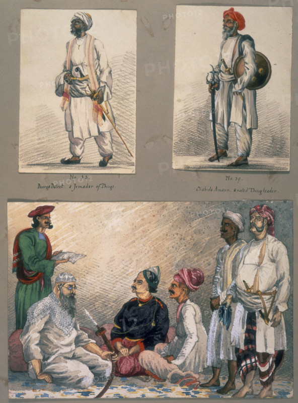 Portraits of known Indian thugs, c1851-c1857. At top left is 'Doorga (or Durga) Daleet, a Jamadar of Thugs', and at top right 'Chabida Amaun, a noted Thug leader'. They are portrayed with swords and daggers. Below is Durga-dalad, smoking a pipe, with supporters in attendance. Historically a thug was a member of a religious organisation of robbers and murderers in India.