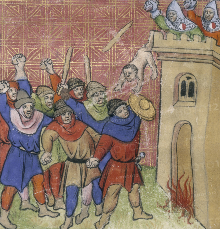 Third Crusade of Pastoureaux, c1375-c1400. Depiction of Pastoureaux killing 500 Jews at Verdun-sur-Garonne in 1320. The term 'pastoreaux' refers to shepherds. A fire burns at the base of a tower, from which a child is apparently thrown by soldiers. Below is a band of men wielding clubs. The Shepherds' Crusade of 1320 resulted in the murders of hundreds of Jews in France and Aragon. From "Chroniques de France ou de St. Denis".