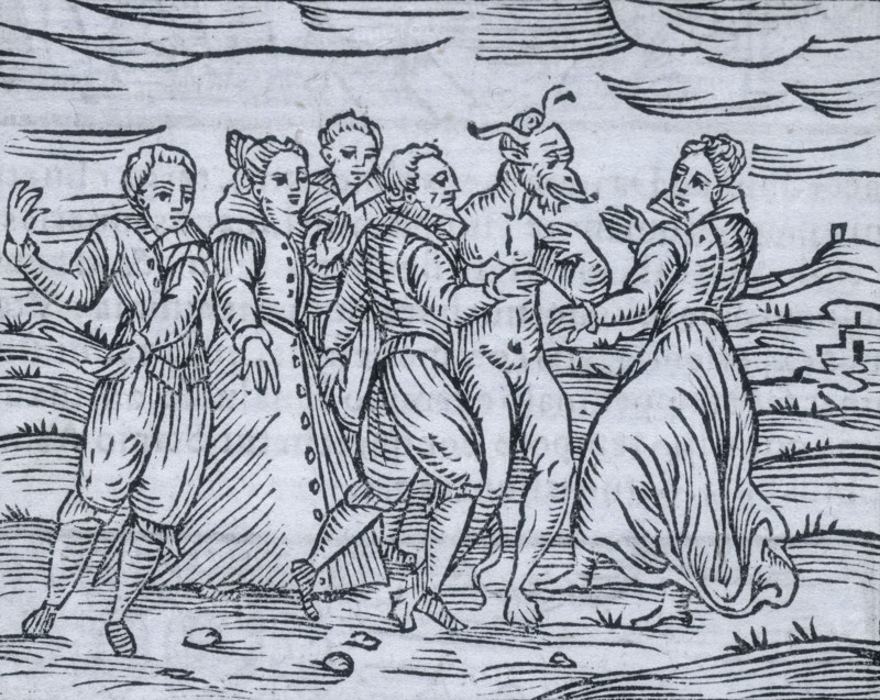 Dancing with the devil on the Sabbath, 1608. Men and women frolicking with the devil, who is depicted with a human body but with an animal head and hooves, horns and a tail. From the "Compendium Maleficarum".