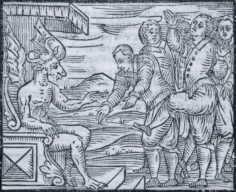 Sorcerers paying homage to the devil, 1608. The horned and winged devil sits on a throne receiving a line of sorcerers, who wait to bow before before him. From the "Compendium Maleficarum".