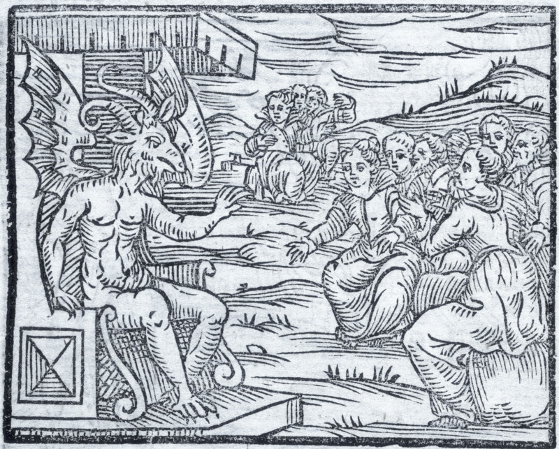 Satan pronounces a discourse to sorcerers, 1608. Women and men sit at the feet of an enthroned devil, listening to his speech. From the "Compendium Maleficarum".