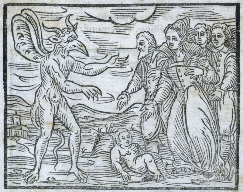 Sorcerers presenting a child to the devil, 1608. People lay the child at the feet of the devil as a gift. From the "Compendium Maleficarum".