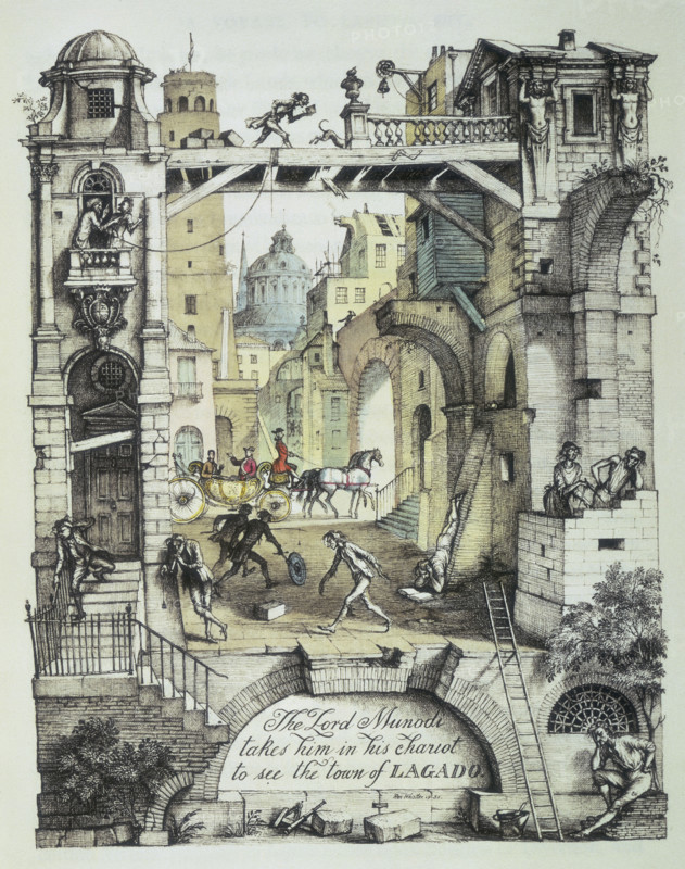 The Lord Munodi takes him in his chariot to see the town of Lagado, 1931. The lord and his companion travel through the city in an elaborate carriage. The lord gestures to his surroundings. In contrast to the colourful background and gold carriage is the broken black and white arch in the foreground. Poverty-stricken figures can be seen leaning against the arch, stumbling down the steps, and reading a book whilst walking along a dilapidated walkway. Illustration from 'Gulliver's Travels' by Jonathan Swift.