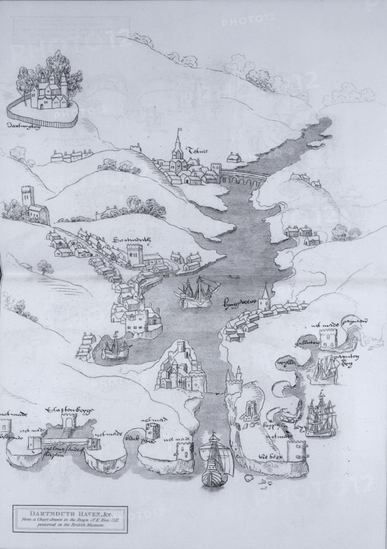 A map of Dartmouth Haven, Devon, 1806. 'From a Chart drawn in the Reign of K. Hen. VIII. preserved in the British Museum'. Small towns and villages have grown up along the tributary, and along the coastline. Two fortress towers guard the entrance.
