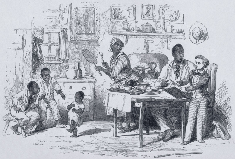 Mas'r George teaching Uncle Tom to write, 1852. George hands Tom a pencil and a book to practise writing. A woman prepares food as two boys watch a younger child dance. An illustration from "Uncle Tom's Cabin".