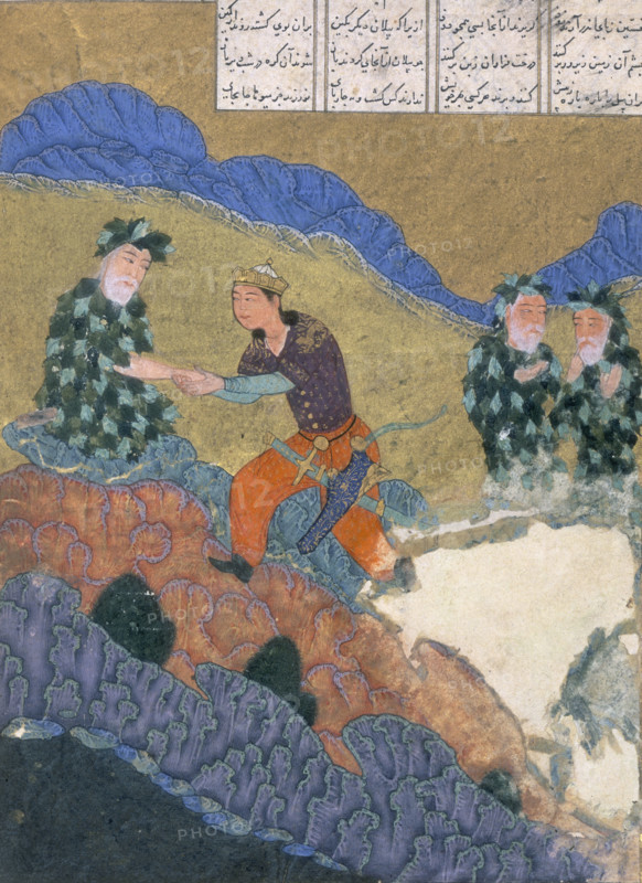 Garshasp visiting the Brahmans on the mountain of Sarandib, c1397-c1398. Garhasp takes the hand of the seated Brahman. The accompanying text is in the top right corner. An illustration from the Persian epic "Garshaspnameh", (Book of Garshasp).