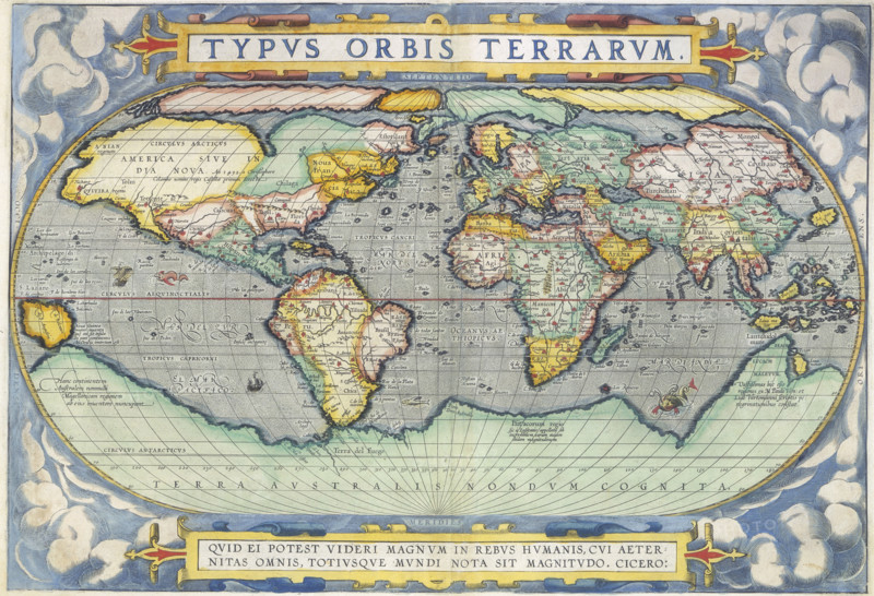 Ortelius World Map, 1570. The map speculates the existence of Terra Australis (nondum cognita), a vast, then undiscovered Southern continent.
