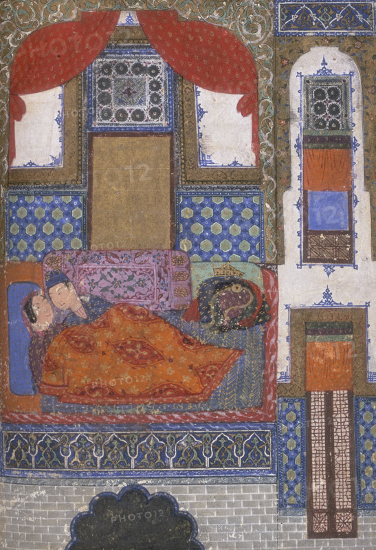 Khusrau and Shirin in bed, c1410-c1411. Khusrau was a Sasanian king, and Shirin was his Armenian queen. Shirin is also in love with Farhad, a famous stone-cutter. When Khusrau discovers that his wife is in love with Farhad he becomes jealous and decides to test Farhad's love. He informs him that Shirin is dead. Farhad kills himself upon hearing this. Khusrau continues living with Shirin until his assassination. Shirin then kills herself and joins both her lovers.