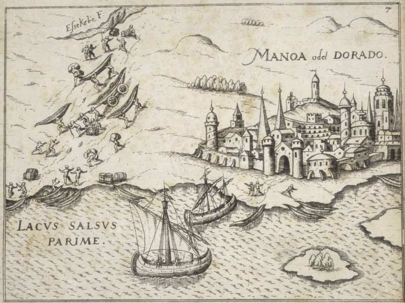 City of Manoa, 1599. 'Manoa o del Dorado'. An illustration of a walled city beside a lake, with people engaged in transporting goods in carts up and down a steep slope to the lake front where ships are moored. El Dorado, was believed to be a king who covered his entire body with gold dust and who resided in a fabulously wealthy city known as Manoa. Raleigh described Manoa as being on an island in a lake called Parimá, in Guiana. It was not until two centuries later that this story proved to be untrue, when the lake's existence was disproved. From an account of Sir Walter Raleigh's search for El Dorado.
