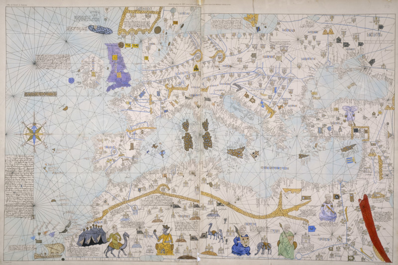 Map of Europe, North Africa and the Mediterranean, c1842-c1853. From the atlas of the Visconde of Santarem. Santarem's objective was to publish in fine lithographic reproduction the most significant early maps and charts to be found in European libraries and archives. The original of this Catalan portolan chart was probably produced in the 14th century.