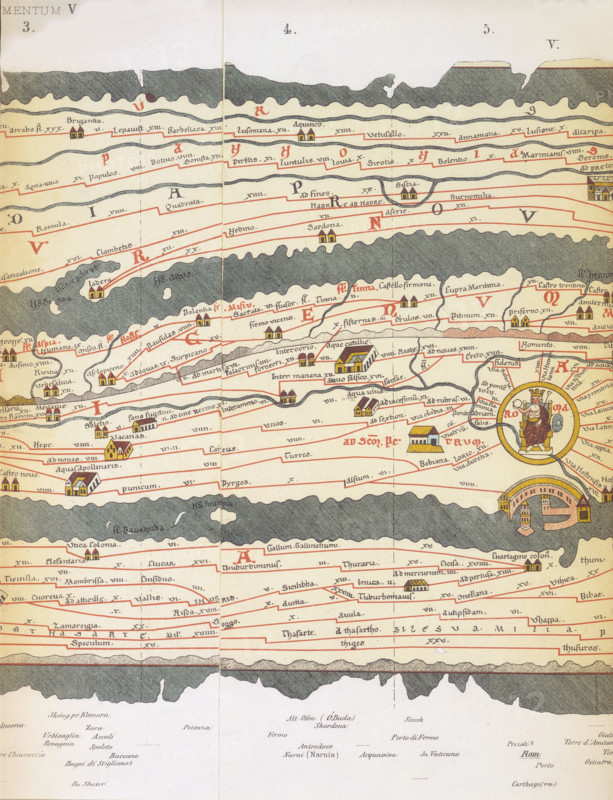 Rome and its roads, from the Peutinger table, 19th-century copy? The Tabula Peutingeriana, a 13th-century copy of an ancient Roman road map, with Rome at centre, is an illustrated itinerarium showing the layout of the cursus publicus, the road network of the Roman Empire. Tabula Peutingeriana - Pannonia Superior, Statio di Surpicano. From "Die weltkarte des Castorius genannt die Peutingersche tafel".