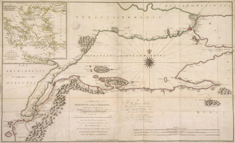 Map of the Sea of Marmara, 1770. The sea of Marmara connects the Black Sea via the Bosphorus and the Mediterranean through the Dardanelles (formerly known as the Hellespont). Inset at the top left is a map of the Aegean.