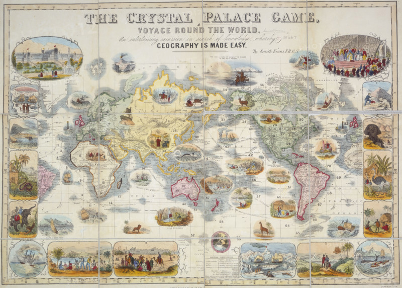 The Crystal Palace Game, 1854. A board game based on a voyage around the world. 'An entertaining excursion in search of knowledge whereby geography is made easy'. The outer edge is decorated with depictions of scenes and sights from around the globe.