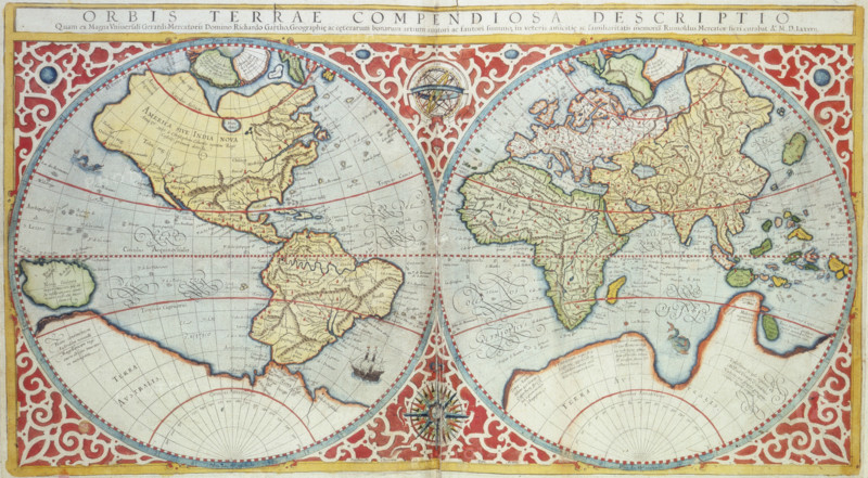 World Map, 1587. 'Orbis terrae compendiosa descriptio'. Divided into Western and Eastern Hemispheres, the map speculates on the position and coastline of a vast, then undiscovered southern continent.