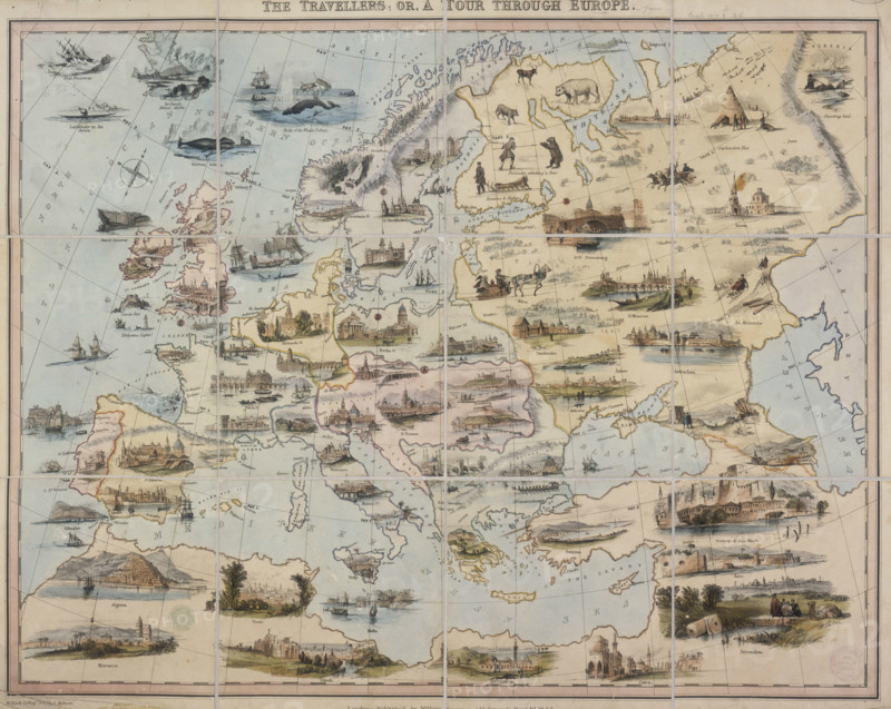 'The Travellers, or a Tour through Europe', 1842. A map of Europe featuring illustrations of its major cities and landmarks.