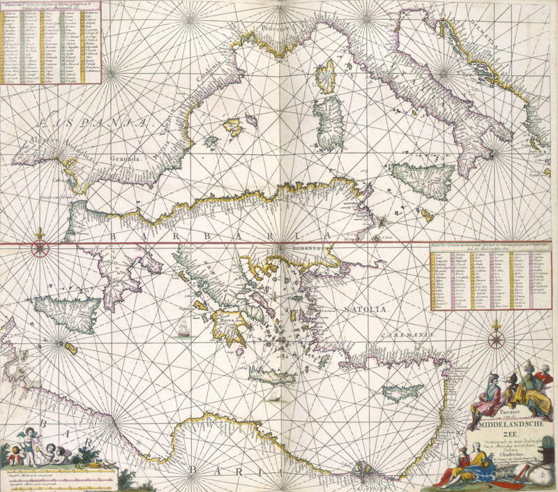 Maps of the Mediterranean, 1682. The upper half is a chart of the whole of the Mediterranean, while the lower part is a larger scale map from the Adriatic westwards to the Middle East. North Africa is labelled 'Barbaria'.