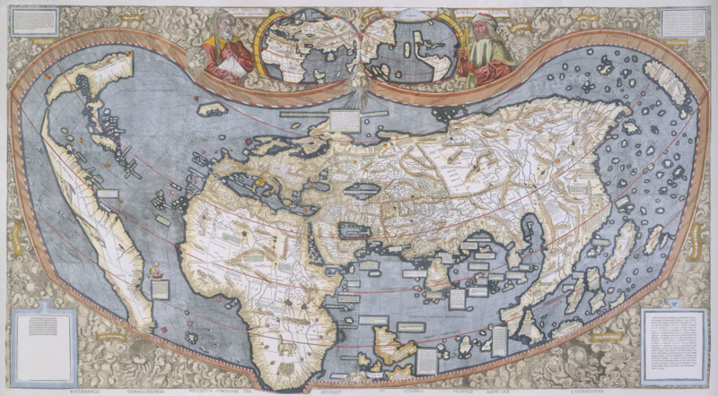 Map of the World, 1507. The map is accompanied by text explaining the use of the term 'America' to describe the continent of that name, and a Latin translation of the four journeys of Amerigo Vespucci. A small portrait of Vespucci appears at the top of the map.