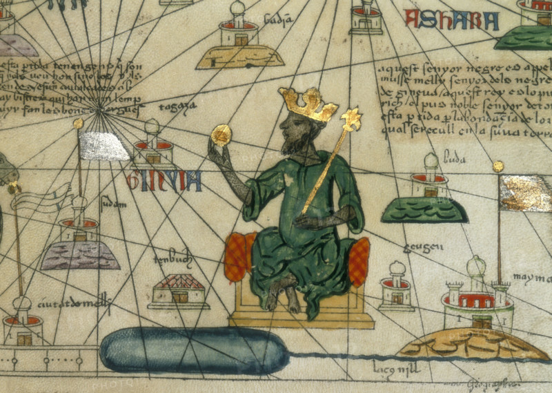 Mansa Musa, King of Mali, 1375. Depiction of Mansa Musa, ruler of the Mali Empire in the 14th century. He is shown holding a gold nugget and wearing a European-style crown. The section to the right translates as: Musa Mali, Lord of Guinea. So abundant is the gold which is found in his country that he is the richest and most noble king in all the land. In the text he is referred to as musse melly. From a Catalan Atlas of the known world (mapamundi), drawn by Abraham Cresques of Mallorca.