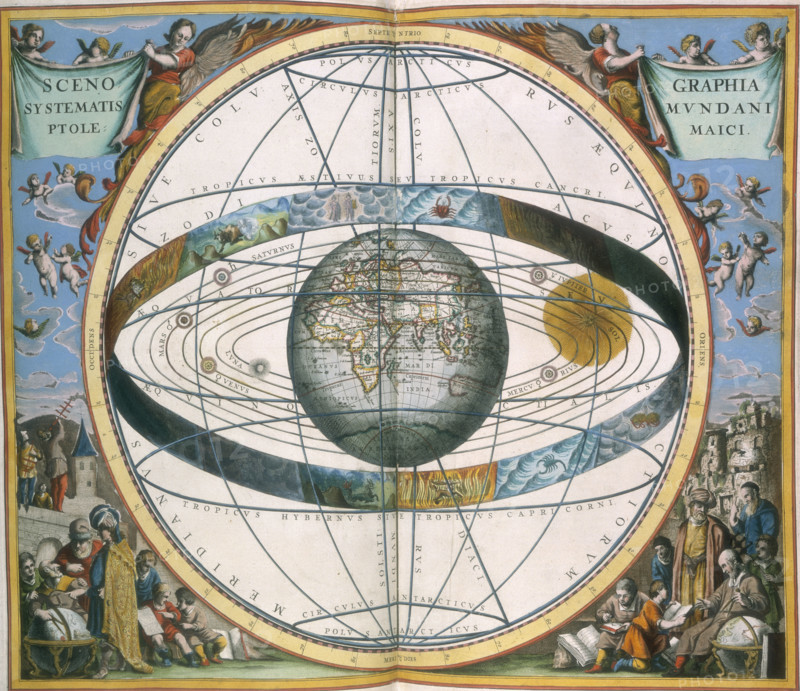 Ptolemaic Solar System, 1660. Scenographia Systematis Mundani Ptolemaici. The Earth circled by a band containing signs of the Zodiac and the orbits of the planets according to the Ptolemaic System. Surrounding the map, angels and cherubs are seen in the top corners, while astronomers and other scholars are portrayed in the bottom corners. From Harmonia Macrocosmica or Atlas Coelestis.