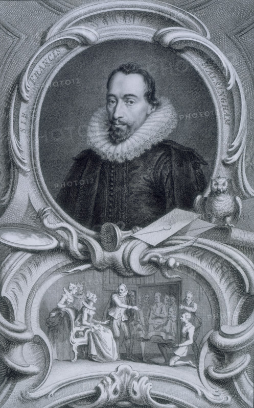 Sir Francis Walsingham, c1743-c1751. English statesman and the principal secretary to Queen Elizabeth I from 1573 to 1590. He was a skilled diplomat whose knowledge of languages and capacity to organize espionage activities made him invaluable in the execution of Elizabeth's foreign policy. From "The heads and characters of illustrious persons of Great Britain, with their portraits engraven by Mr Houbraken and Mr Vertue. With their lives and characters by T Birch. J & P Knapton". [London, 1743, 51].