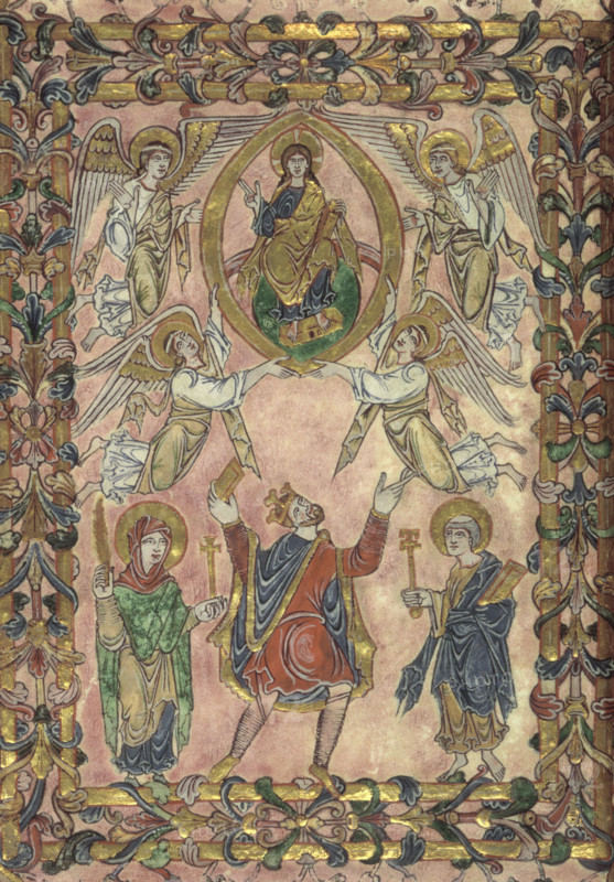 Edgar offers charter to Christ, 966. King Edgar, flanked by the Virgin and St Peter, offering the charter to Christ above. From The New Minster Charter.