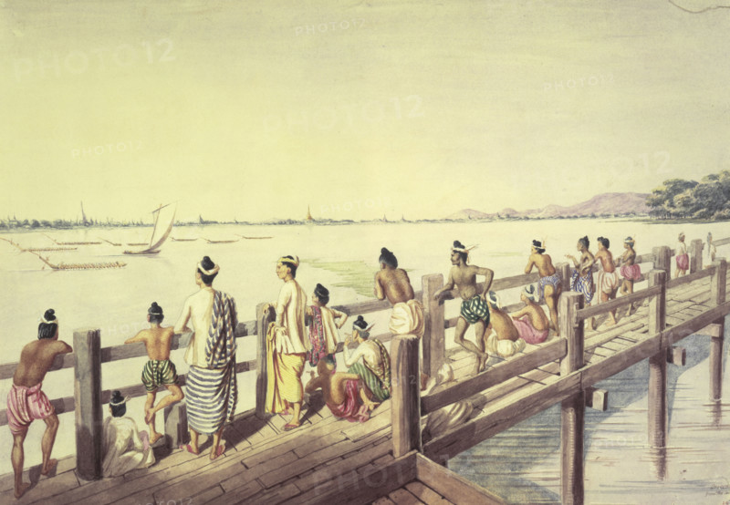 Amarapoora (Umeerapoora), from the long wooden Bridge, crossing the Lake Toung-ummah, 1855. From "A Series Of Views In Burma Taken During Major Phayre's Mission To The Court Of Ava In 1855".