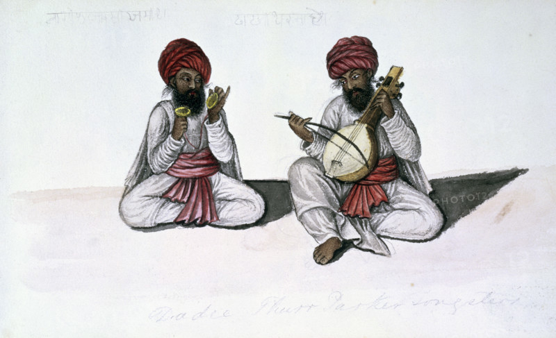 Musicians with cymbals and stringed instruments, 1856. Inscribed in Hindi, and in English: ''Daee Thurr (or Dadee Phurr?) Parker songsters'.