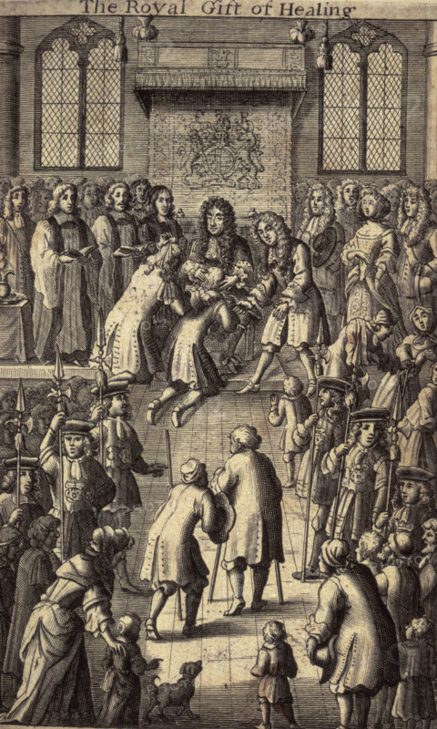 'The Royal Gift of Healing', King Charles II healing the sick, 1684. It was believed that the royal touch could cure diseases such as epilepsy and scrofula, the latter being consequently known as the king's evil. It is said that King Charles II touched nearly one hundred thousand people. John Brown, surgeon in ordinary to his Majesty and to St Thomas's Hospital, and author of many learned works on surgery and anatomy, published accounts of sixty cures due to the touch of this monarch. From 'Adenochoiradelogia or, An anatomick-chirurgical treatise' by John Brown. Printed by Tho. Newcomb for Sam. Lowndes.